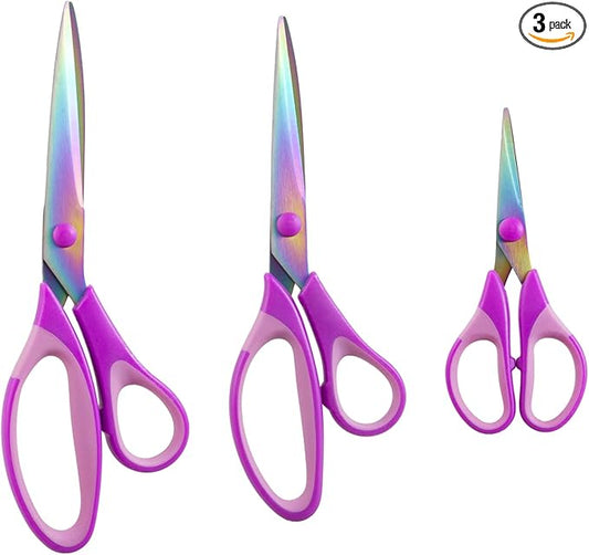 3PCS Purple Craft Scissors, Sharp Tailor Scissors, Titanium Blades Shears Rubber Soft Grip Handle, Multi-Purpose Fabric Scissors for Adults, Office, Sewing, School and Home Using
