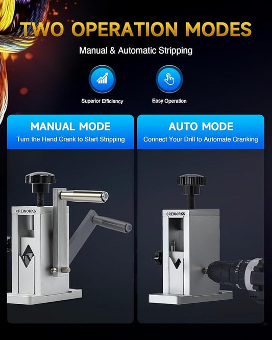 CREWORKS Manual Wire Stripper Machine with Patent, Drill Powered Wire Stripper with Adjustable Feed Hole, Portable Cable Stripping Tool with Hand Crank for 0.06"-0.9" Scrap Copper Cable Recycling