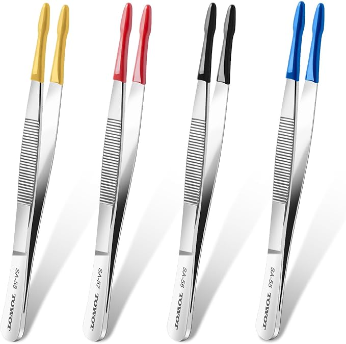 TOWOT 2 PCS Rubber Tipped Tweezers, PVC Rubber Coated, Bent and Straight Flat Tip Craft Tweezers for Stamp Jewelry Hobby Crafts Industrial Electronic (Blue)