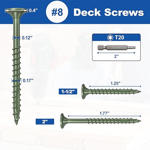 #8 x 1-1/2” Deck Screws, 100Pcs Star Drive Wood Screws, Rust Resistant Timber Screws for Timber/Log/Landscaping Wood, T20 Star Bit Included, Green