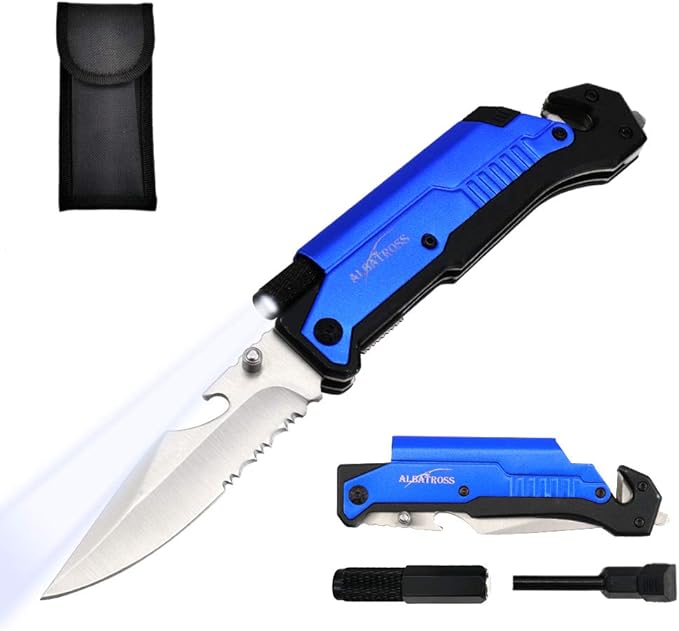 ALBATROSS Best 6-in-1 Survival Tactical Military Folding Pocket Knives with LED Light,Seatbelt Cutter,Glass Breaker,Magnesium Fire Starter,Bottle Opener;Multi-Function Emergency Tool(Blue-SA)