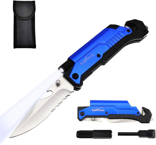 ALBATROSS Best 6-in-1 Survival Tactical Military Folding Pocket Knives with LED Light,Seatbelt Cutter,Glass Breaker,Magnesium Fire Starter,Bottle Opener;Multi-Function Emergency Tool(Blue-SA)