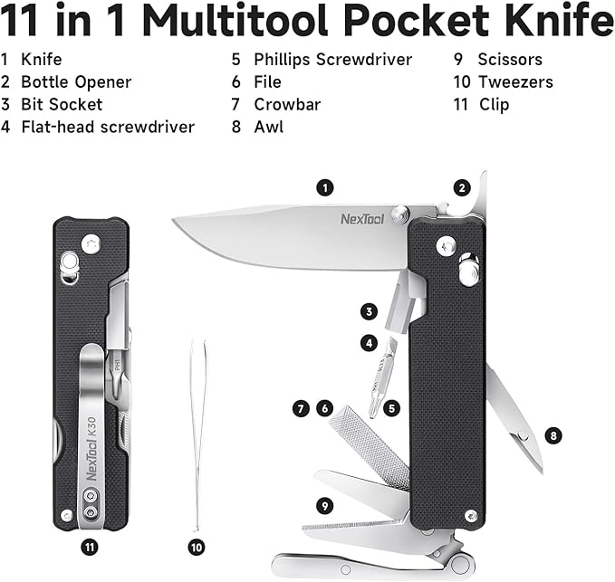 NexTool Knight K30 Multitool,11-in-1 Pocket Knife Multi tool with Axis Lock,Serrated Scissors,Tweezers,Awl,4mm 10-in-1 Bit Set for DIY?갧epairs?갍ifts