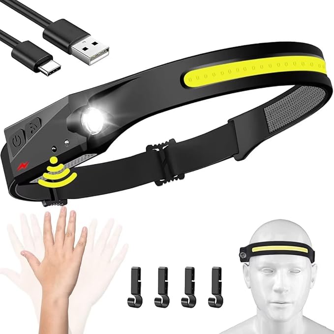 Headlamp Rechargeable, 230째 Wide Beam Head Lamp LED with Motion Sensor for Adults - Camping Accessories Gear, Waterproof Head Light Flashlight for Hiking, Running, Repairing, Fishing, Cycling