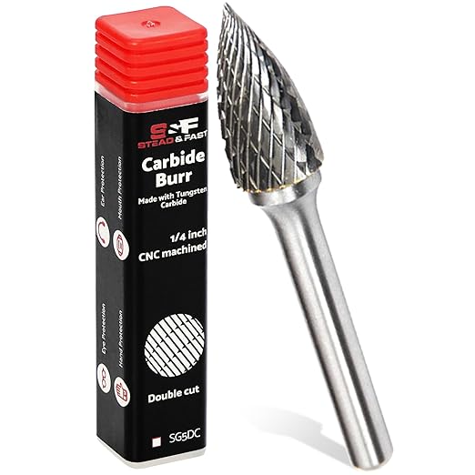S&F STEAD & FAST Carbide Burr with 1/4??Shank 1/2??Cutter Dia 1??Length, Professional Grade Tungsten File, Die Grinder Bit for Metals, Rotary File Tree Pointed Shape, Grinding Burr bit