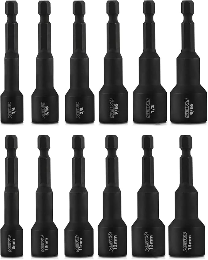 NEIKO 10250A Magnetic Hex Impact Nut Driver Set, 12-Piece Driver Bit Set for Drill, Cr-V Steel, 1/4" Quick-Change Hex Shank Nutsetters, Impact Rated SAE & Metric Master Impact Driver Socket Set