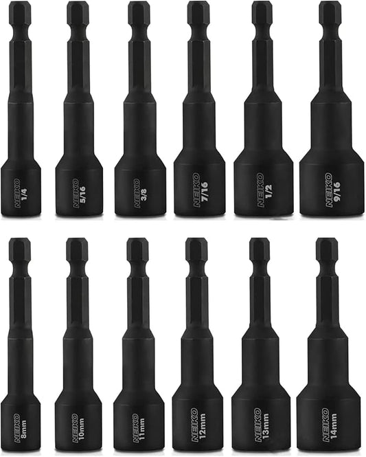 NEIKO 10250A Magnetic Hex Impact Nut Driver Set, 12-Piece Driver Bit Set for Drill, Cr-V Steel, 1/4" Quick-Change Hex Shank Nutsetters, Impact Rated SAE & Metric Master Impact Driver Socket Set