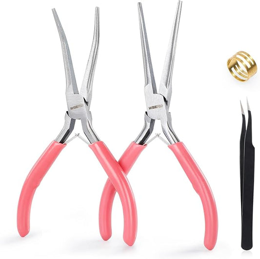 2 PCS Mini Needle Nose Pliers Set, 6 Inch Pink Jewelry Plier Kit with Jump Ring and Tweezer, Pink Tool Set for Women Jewelry Making, Repair and Crafts
