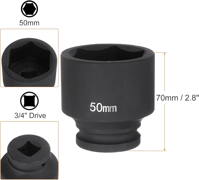 HARFINGTON 6-Point Impact Socket 3/4" Drive 50mm Metric 40Cr Alloy Steel Spindle Axle Nut Impact Socket