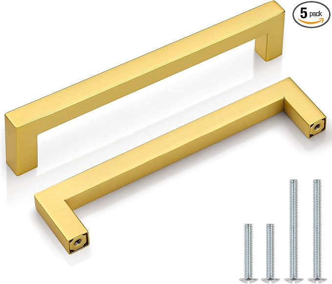 Probrico 5 Pack Square Cabinet Pulls 6-1/4 Inch Brushed Brass Cabinet Handles for Kitchen, Brushed Brass Kitchen Hardware for Cupboard, Gold Drawer Pulls Drawer Handles Inside