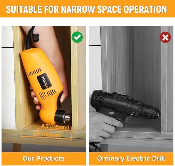 Hoteche 3/8-Inch Right Angle Drill, 3.8A Electric Corded Power Drill with Variable Speed 0-1400 RPM, Forward & Reverse Switch, Compact Design for Tight Spaces