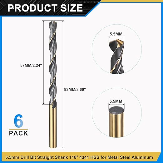 PATIKIL 5.5mm Drill Bit, Jobber Straight Shank 4341 High-Speed Steel 118째 Black and Gold Finish for Medium-Hard Metal Steel Acrylic - 6 Pack