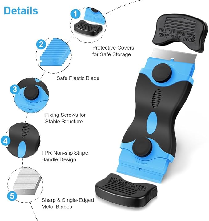 Ainiv Razor Blade Scraper, 2-in-1 Scraper Tool with 10PCS Metal Blades and 10PCS Plastic Blades, Multi-funtional Cleaning Razor Scraper for Decals, Stickers, Labels, Caulk, Adhesive Removal(Blue)