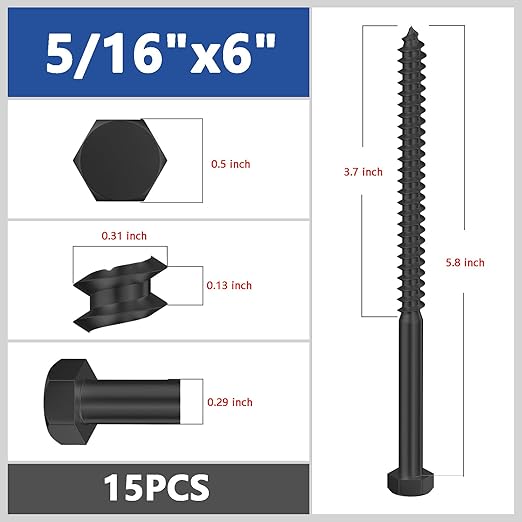 Lag Screws Wood Screws (15PCS, 5/16"x6", Black) Hex Head Lag Bolts,(8x150) Heavy Duty Lag Screws,304 Stainless Steel Bolts 18-8