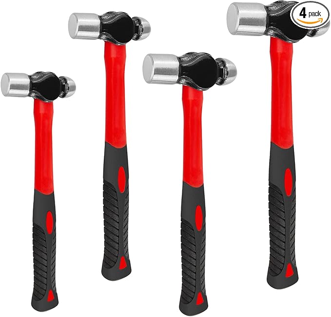 C&T 4-Piece Ball Peen Hammer Set,8 12 16 24oz, Fiberglass Handle hammer for Ball Peen,Blow Striking Ball Pein Hammer Handle Tool with Forged Steel Construction & Shock Reduction Grip for Metal Working