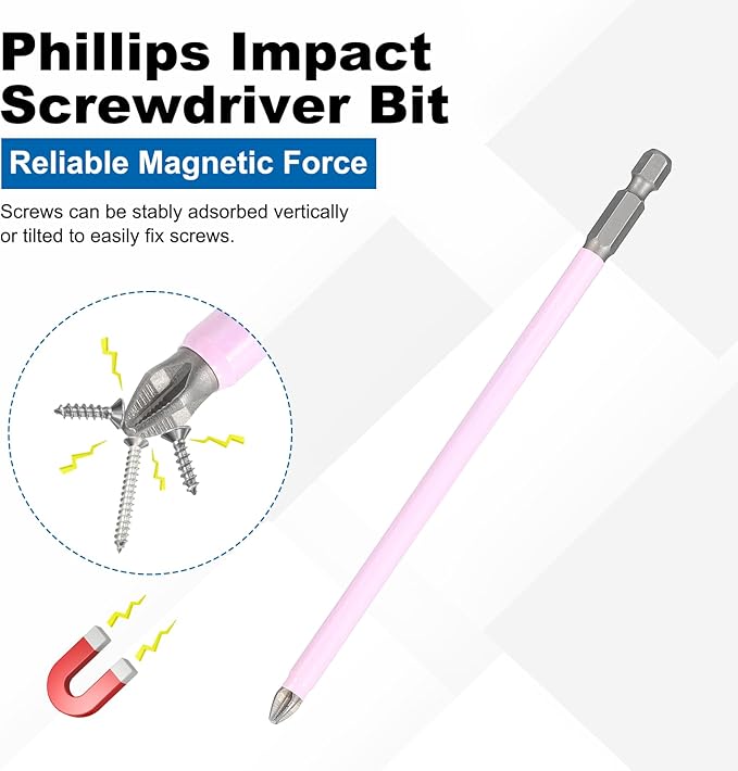 HARFINGTON 2pcs #2 Phillips Impact Screwdriver Bit PH2 1/4" Hex Shank 6" (150mm) Magnetic Anti Slip Cross Head Drill Bits K5 Steel Screw Driver Tool, Pink