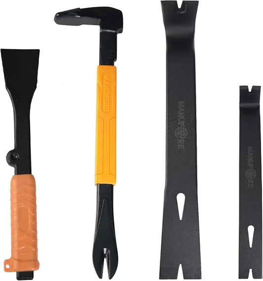 MANUFORE 4pcs Pry Bar Nail Puller Set, 12??Flat Pry Bar, 7.5??Flat Pry Bar, 12??Crow Bar with Hammer, 9??Chisel (Orange)