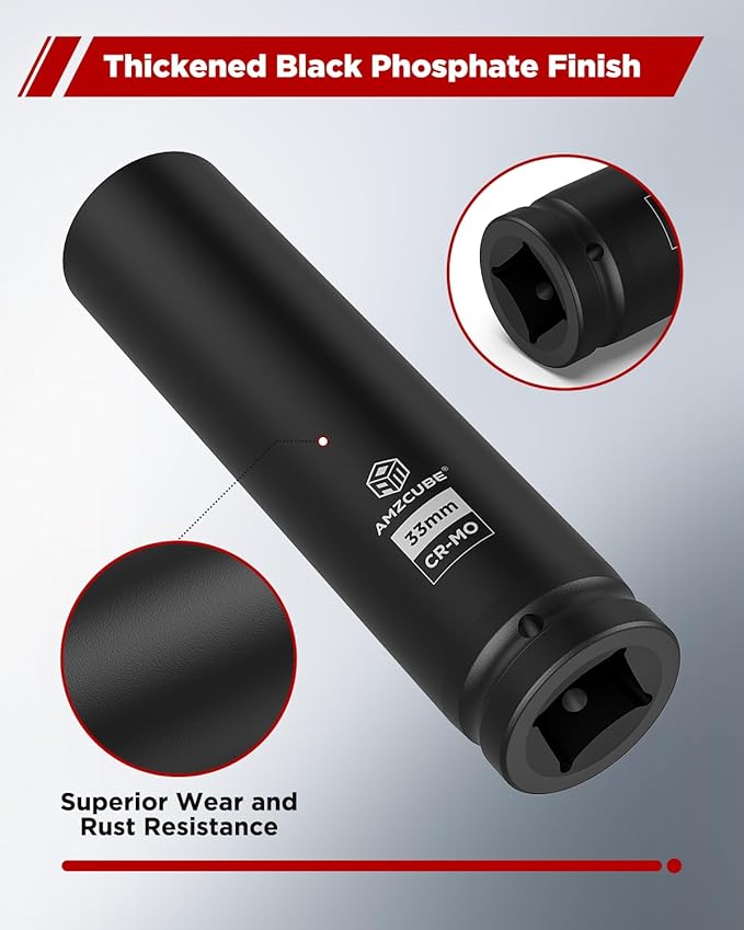1 Inch Drive 33mm Extra Deep Impact Socket, 8-Inch Anti-Break Cr-Mo Long Socket with 6-Point Radius Corner Design