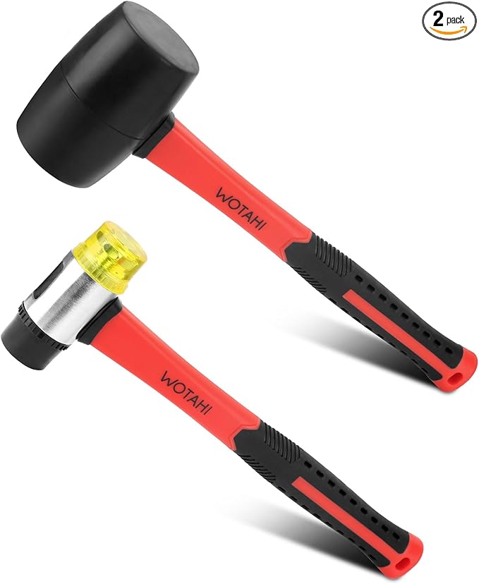 2-Piece Hammer Set - 16 oz Rubber Mallet Hammer and 35 mm Double-Faced Soft Hammer with Solid Head and Soft Grip Fiberglass Handle,2 Piece Rubber Mallet Set