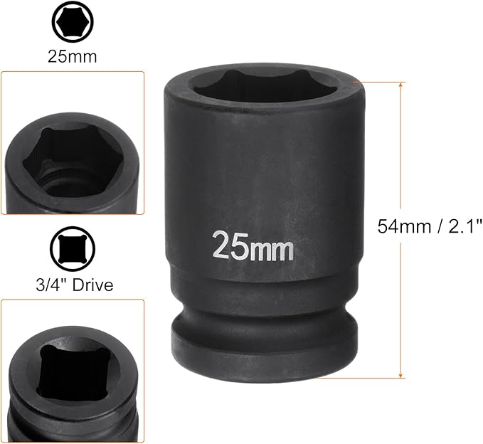 HARFINGTON 6-Point Impact Socket 3/4" Drive 25mm Metric 40Cr Alloy Steel Spindle Axle Nut Impact Socket