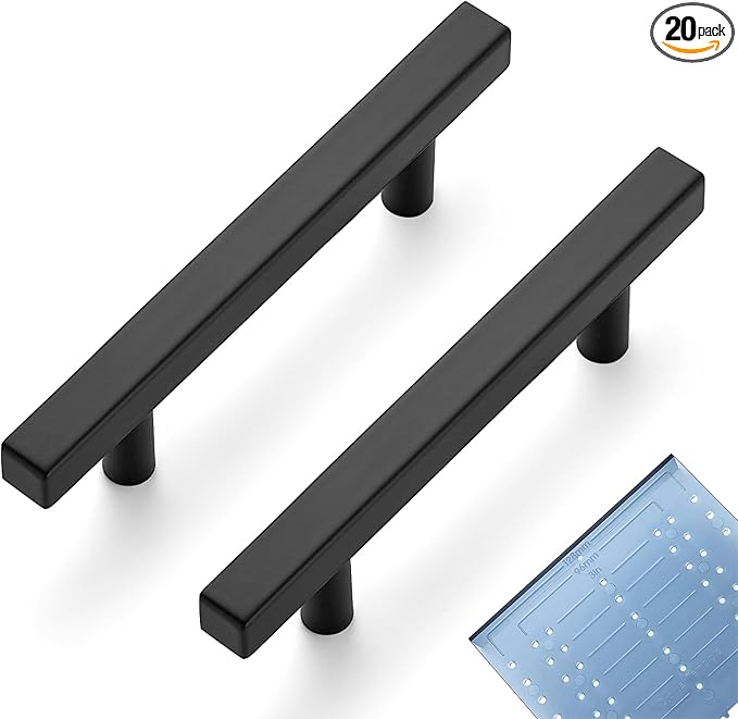 Ravinte 20 Pack 3-3/4 Inch Cabinet Pulls Black Sqaure Kitchen Cabinet Handles Black Cabinet Hardware Stainless Steel Drawer Pulls 6 Inch Overall Length with Mounting Template