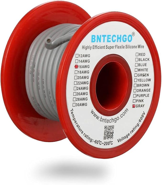 BNTECHGO 16 Gauge Silicone Wire Spool 25 ft Gray Flexible 16 AWG Stranded Tinned Copper Wire