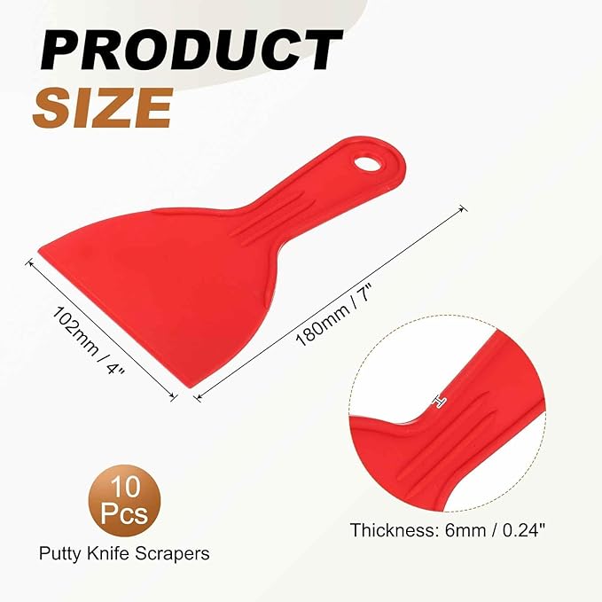 HARFINGTON 10pcs Putty Knife Scraper 4" Width Flexible Plastic Putty Knife Paint Scraper Tool for Taping Drywall Spreading Painting Wall Scratching Red