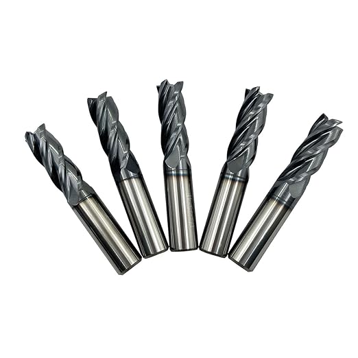 5PCS 1/2'' Carbide Square End Mill Bits Set, Milling Bits Cutter 1/2 Carbide End Mills for Alloy Steels/Hardened Steels, HRC 45 Deg Single End 4 Flute AlTiN Coating