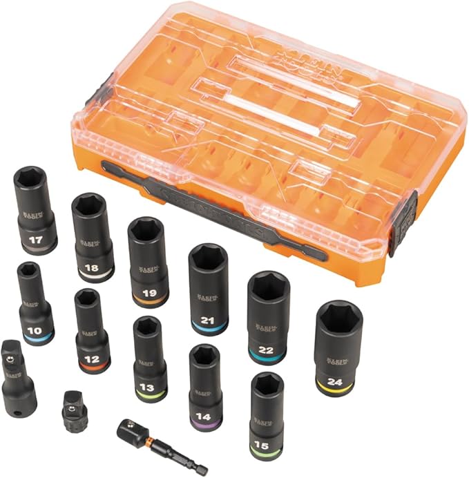 Klein Tools 65111IMPCTM KNECT Deep Well Impact Socket Set, 1/2-Inch Drive, Metric, Color Coded, MODbox Case, Impact Adapter and Extension, 14-Piece