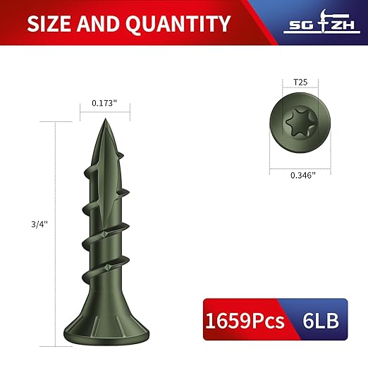 #8 x 3/4" Deck Screws (1659Pcs) 6lb. Carbon Steel, Green, Flat Head, Rust Resistant epoxy Coated, with T25 Star Bit