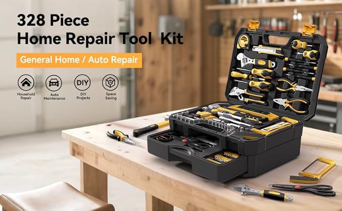 328 Piece Tool Kit For Home,Hand Repair Tool Set,Toolbox Storage Case with Drawer,General Household/Auto Tool Set,Perfect for Homeowner, DIY, Handyman