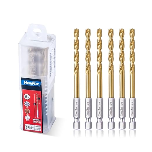 HIGHFIRE 3/16 Inch Twist Drill Bits - HSS Sharp Hex Shank, TiN Coated for Metal - Steel, Copper, Aluminum, Zinc Alloy (6 PCS Same Size in One Pack)