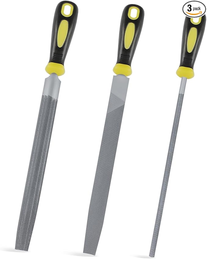 10 Inch Metal File Set 3 Piece High Carbon Steel Double Cut for Metalworking and Woodworking Includes Round/Half-Round/Flat