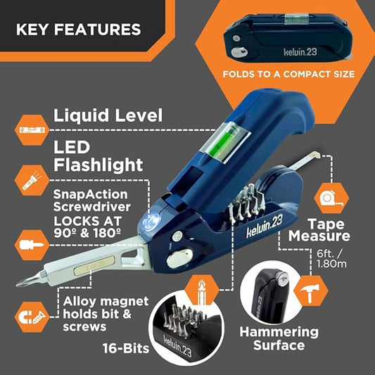 Kelvin Tools Kelvin 23 Urban Multi Tool Screwdriver Set All in One with 16 Bit Set, Tape Measure, Liquid Level, Hammer, Flashlight Multibit Pocket Screwdriver, Universal Precision - Pink