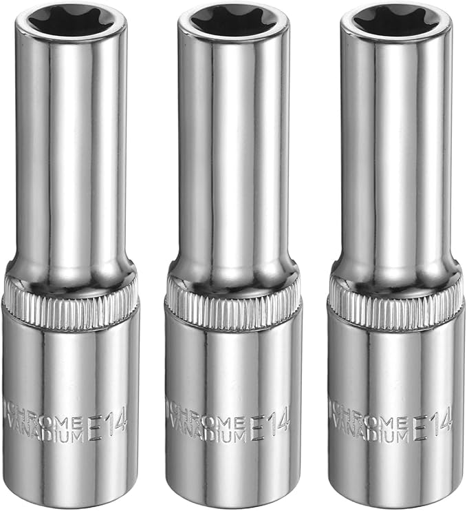 HARFINGTON 3pcs E-Torx Socket 1/2" Drive E14 Star Female Socket 3.1" Length External Torx Deep Sleeve Chrome Plating 6 Point Spline Sleeve for Auto Repairs Home Maintenance
