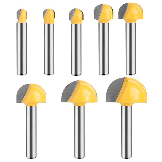 Cove Box Router Bit Set 1/4 Inch Shank, 8 Pcs Solid Carbide Double Flute Cove Box Round Nose, Cutter for 1/4", 5/16", 3/8", 1/2", 5/8", 3/4", 7/8", 1" Cutting Diameter