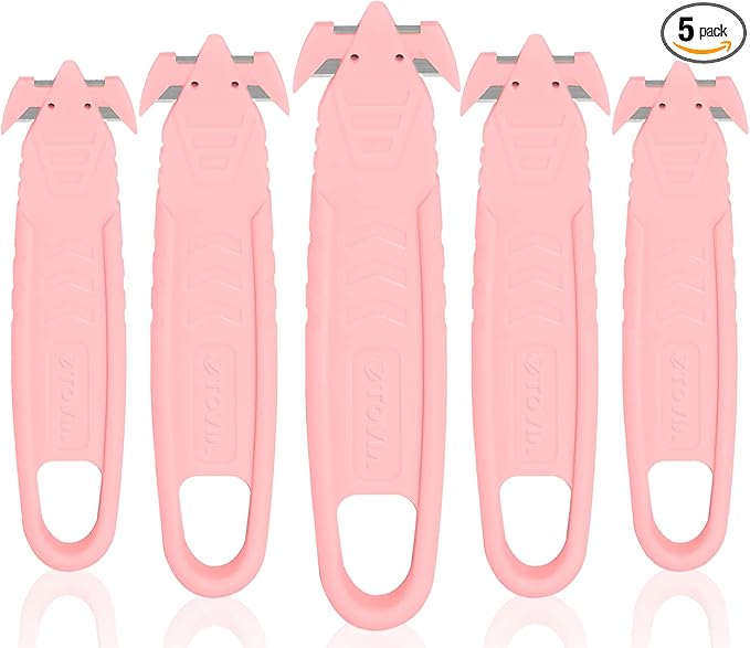 Safety Box Cutter, T TOVIA Sharp Durable Stainless Steel Concealed Blade Package Opener with Tape Splitter for Cartons, Cardboard, Wrap, Straps, Film (5 Pcs - Pink)