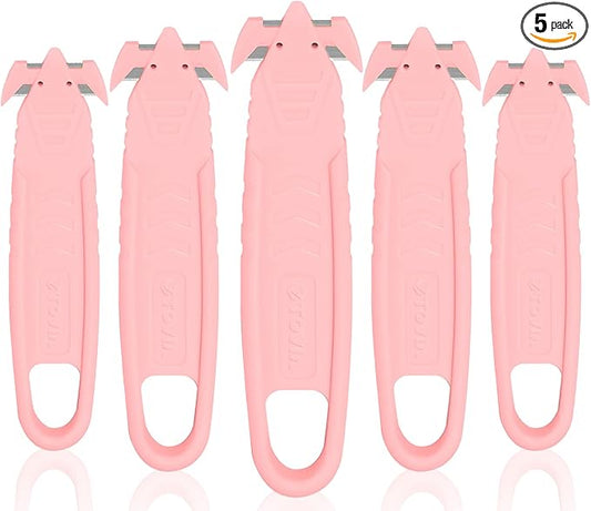 Safety Box Cutter, T TOVIA Sharp Durable Stainless Steel Concealed Blade Package Opener with Tape Splitter for Cartons, Cardboard, Wrap, Straps, Film (5 Pcs - Pink)