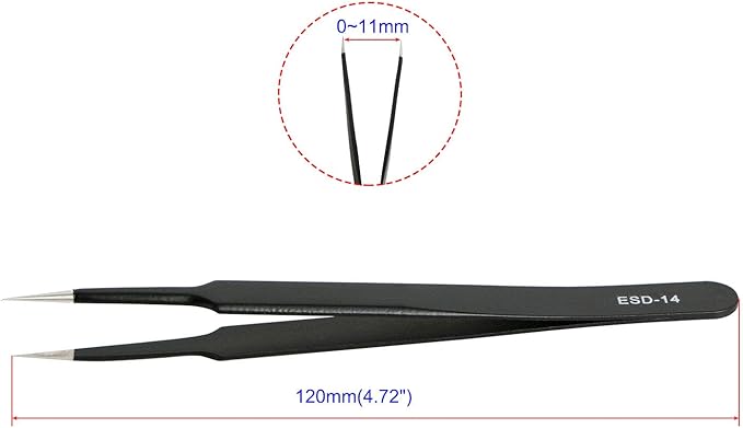 新品 Aoje-Link ESD-14 Professional Anti-Static Precision Technology Tweezers, Non-magnetic Tip Straight, Stainless Steel Plastic Coated, Full Length 120mm, Black, 2pcs…