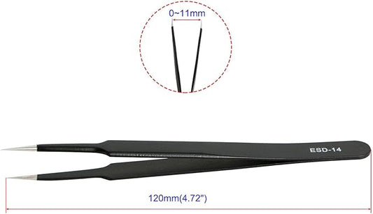 新品 Aoje-Link ESD-14 Professional Anti-Static Precision Technology Tweezers, Non-magnetic Tip Straight, Stainless Steel Plastic Coated, Full Length 120mm, Black, 2pcs…
