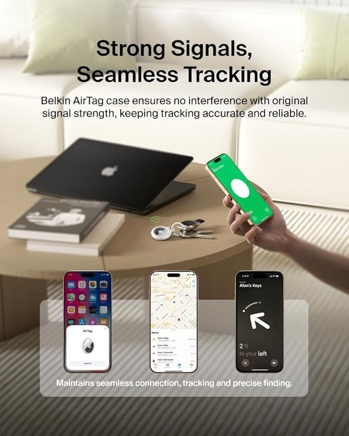Belkin Apple AirTag Secure Holder with Key Ring - Durable Scratch Resistant Case With Open Face & Raised Edges - Protective AirTag Keychain Accessory For Keys, Pets, Luggage, Backpacks & More - White