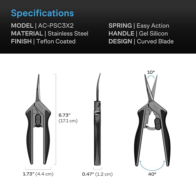 AC Infinity 6.6??Stainless Steel Curved Pruning Shear 2-Pack, Lightweight Ergonomic Design, Curved Precision Blades with Nonstick Teflon Coating for Gardening, Hydroponics, Grow Tents