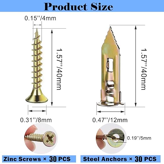 80PCS Self Drilling Drywall Anchors with Screws,40 Sheetrock Anchors (0.47x1.57 Inch) & 40 Zinc Expansion Screws