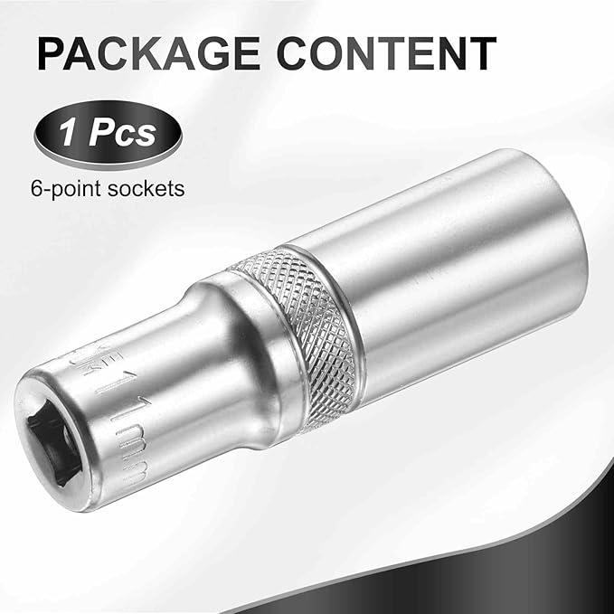 HARFINGTON 6 Points Deep Socket 1/4" Drive 11mm Deep Metric CR-V Steel Polished Nickel Plating Flip Sleeve 50mm / 2" Extra Long Socket Tool for Home Auto Nuts Bolts Repair
