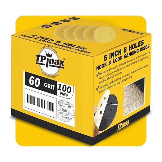 100PCS 5 Inch 60 Grit 125mm 8 Hole Sanding Discs Sandpaper - Premium Gold Round Hook and Loop for Random Orbital Sander - Ideal for Wood, Metal, Automotive