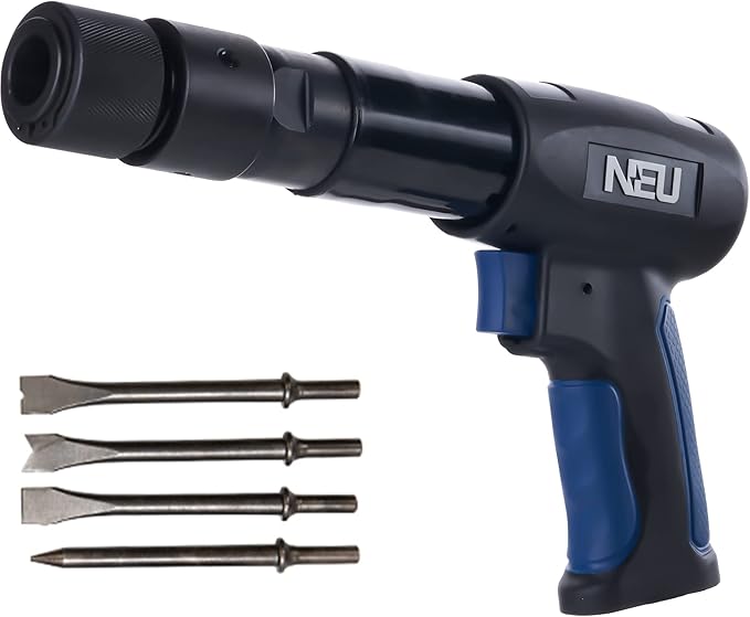 Air hammer, NEU PNEUPACTURE 250mm long barrel air chisel kit, with 4pcs chisels, with quick change retainer, 2200bpm, front exhuast, air chisel for shoveling and cutting