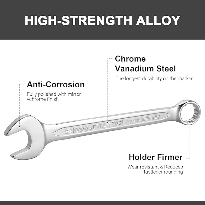 Jetech 26mm Combination Wrench - Industrial Grade Spanners with 12-Point Design, 15-Degree Offset, Made with Durable Chrome Vanadium