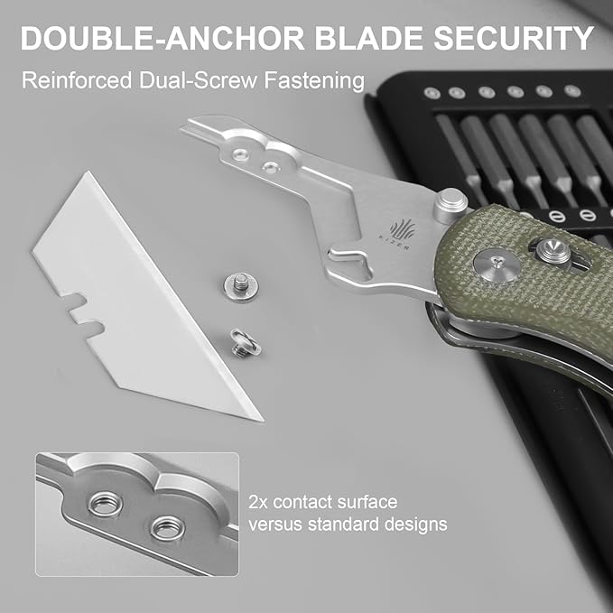 Kizer Uti Bear(New Dual-screw Version) Folding Utility Knife, Clutch Lock Box Cutter EDC Pocket knife with 5PCS Razor Blades, Pocket Knives with Pocket Clip for Men Women V3619JM1