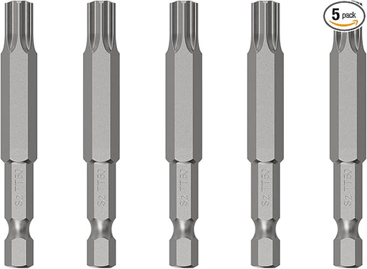 5PCS T50 Magnetic Tamper Proof Torx Screwdriver Bits, 1/4 Inch Hex Shank 2 Inch Length S2 Steel Security Drill Torx Head Drill Screw Driver Tools(50mm Long, Star 6 Point)