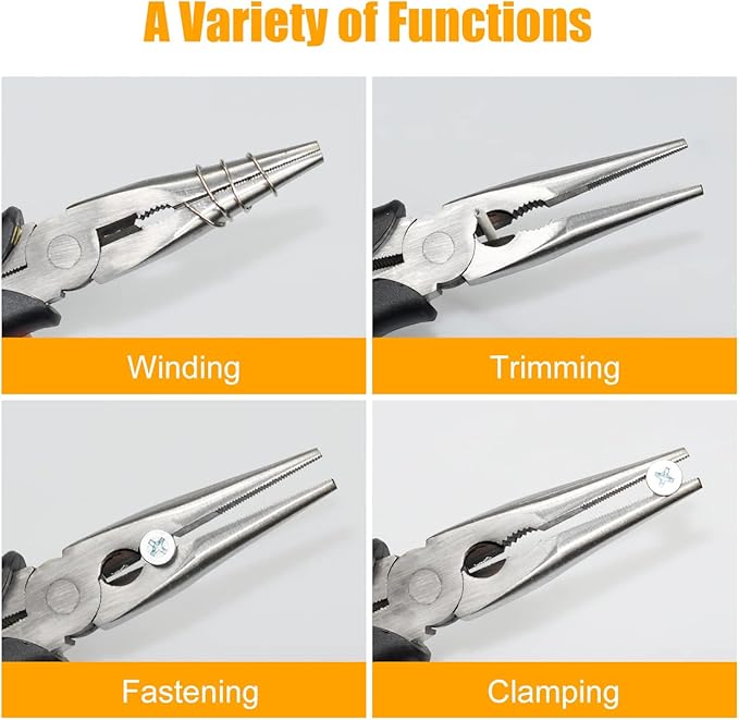Premium Long Needle Nose Pliers-6''&8'', Paper Clamp Precision, High Carbon Steel, Soft Grip with Wire Cutter, Long Nose Cutting Pliers for Home, Fishing, Jewelry, Crafts,2pcs
